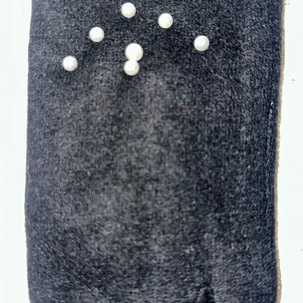 Black Cashmere Blend Fine Knit Faux Pearl Beaded Fleece Lined E Tip Gloves